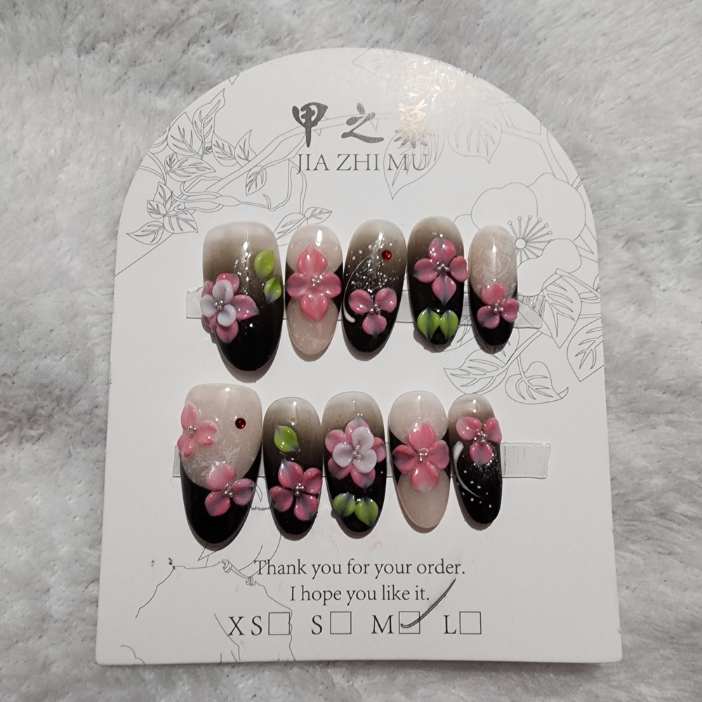 3D Floral Press-On Nails with Pink Flowers